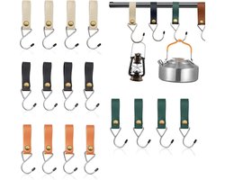Multifunctionele S-Haken voor Kleding, 12 Stuks met Leren Lus en Metalen Haak, Ideaal voor Kast, Camping en Kinderwagen, Afmetingen 16 x 2 cm