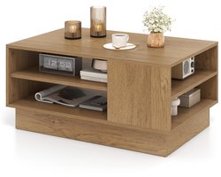 Multifunctionele Salontafel in Moderne Stijl Rechthoekige Bijzettafel met 2 Open Opbergplanken Accenttafel voor Woonkamer-Naturel