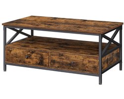 Multifunctionele Salontafel Koffietafel Opbergtafel 100x55x45cm Bruin en Zwart Met 2 Lades en Open Vak X-vormig Stevig Metalen Frame Geschikt voor Woonkamer, Keuken en Slaapkamer