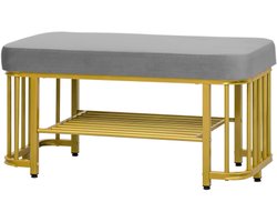 Multifunctionele schoenenbank met opbergrek – fluwelen zitting & metalen frame – Ruimtebesparende halbank met verstelbare poten – Grijs & Goud – Voor gang, slaapkamer, appartement