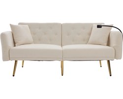 Multifunctionele sofa-bed voor twee personen met verstelbare rugleuning, twee USB-aansluitingen, telefoonhouder, zijzak en metalen poten – een moderne slaapbank als zitmeubel of gastenbed- beige