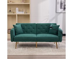 Multifunctionele sofa-bed voor twee personen met verstelbare rugleuning, twee USB-aansluitingen, telefoonhouder, zijzak en metalen poten – een moderne slaapbank als zitmeubel of gastenbed- Smaragd