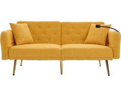Multifunctionele sofa-bed voor twee personen met verstelbare rugleuning, twee USB-aansluitingen, telefoonhouder, zijzak en metalen poten – een moderne slaapbank als zitmeubel of gastenbed-geel