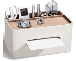 Multifunctionele Tissue Box met 2 Compartimenten van PU Leer, Organizer voor Kantoor en Badkamer, Beige Design