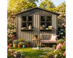 Multifunctionele tuinhuis - Metaal Gereedschapsschuur - Outdoor Tuinopslag - Tuinhuis met Schuin Dak - 275x181x198 cm - Met twee ramen - Met Afsluitbare deur - Weerbestendig - Voor Achtertuin, Terras en Grasveld - Bruin