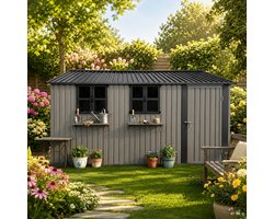 Multifunctionele tuinhuis - Metaal Gereedschapsschuur - Outdoor Tuinopslag - Tuinhuis met Schuin Dak - 370x303x204 cm - Met drie ramen - Met Afsluitbare deur - Weerbestendig - Voor Achtertuin, Terras en Grasveld - Bruin