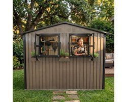 Multifunctionele tuinhuis - Metaal Gereedschapsschuur - Tuinhuis met Schuin Dak - 275 x 181 x 198 cm - Outdoor Tuinopslag - Weerbestendig - Met twee ramen - Voor Achtertuin, Terras en Grasveld - Bruin