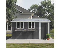 Multifunctionele tuinhuis - Metaal Gereedschapsschuur - Tuinhuis met Schuin Dak - 359 x 284 x 204 cm - Outdoor Tuinopslag - Weerbestendig - Met drie ramen - Voor Achtertuin, Terras en Grasveld - Grijs