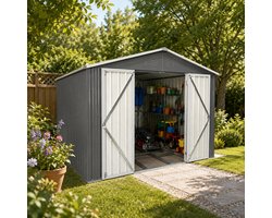 Multifunctionele tuinhuis - Metaal Gereedschapsschuur - Tuinhuis met Schuin Dak - Outdoor Tuinopslag - 248x300x191 cm - 7,46m²- Met geïntegreerd vloerframe - Met Afsluitbare deur - Weerbestendig - Voor Achtertuin, Terras en Grasveld - Grijs