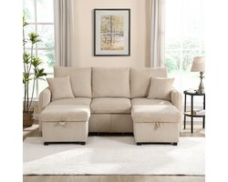 Multifunctionele U-vormige hoekbank - driezitsbank met opbergruimte - poef met opberglade - slaapbankset - beige