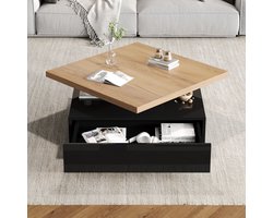 Multifunctionele Vierkante Salontafel - 360° Draaibare Tafel met 2 Lades - Hoogglans Geometrisch Ontwerp met Opbergruimte - Zwart en Natuurhout