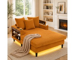Multifunctionele Zitsbank Slaapbanken Corduroy Loungebank met Chaise Longue, Voorzien van een Groot Liggedeelte, Dubbelzijdige Bekerhouders, Ledverlichting, Zijvak, Opbergruimte, USB-oplaadpoort en Stabiele Kunststof Poten-Geel