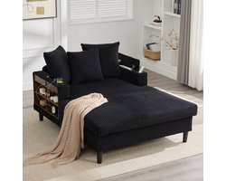 Multifunctionele Zitsbank Slaapbanken Corduroy Loungebank met Chaise Longue, Voorzien van een Groot Liggedeelte, Dubbelzijdige Bekerhouders, Ledverlichting, Zijvak, Opbergruimte, USB-oplaadpoort en Stabiele Kunststof Poten-Zwart