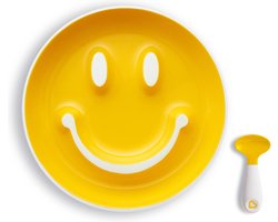 Munchkin kinderservies - Baby Bordje met zuignap en Lepel - Smile 'n Scoop - Bord met zuignap in de vorm van een smiley - BPA-vrij - 9+ maanden - Geel