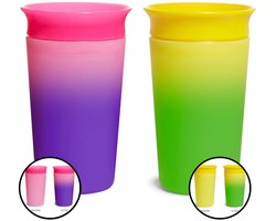 Munchkin Miracle Anti-Lek 360° Drinkbeker - 2pk Sippy Cup - Veranderd van Kleur - Warmtegevoelig - Oefenbeker voor Baby en Kind - 266ml - 2 Stuks - Roze/Geel