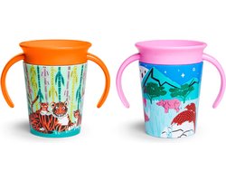 Munchkin Miracle Drinkbeker - WildLove Trainer cup - Anti-Lek 360° cup - 2-pack - Oefenbeker voor Baby en Kind - 177ml - Tijger & Neushoorn - Oranje/Roze