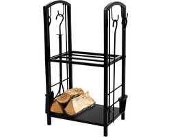 Muntel® Brandhout Rek - 2 Opbergniveaus - Haardhout - Inclusief gereedschap - Metaal - Zwart - 30,5 x 40,6 x 74,5 Cm