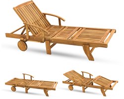 Muntel® Houten Ligstoel - Op Wielen - Verstelbaar - Weersbestendig - Uitschuiftafel - 193 x 70 x 30 Cm