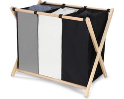 Muntel® Wasmand - Opvouwbaar - Beukenhout - Polyester - 3 Vakken - 105 L - Zwart - Grijs - Ecru