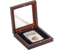 Munten Kist - Certificaat Houder - Verzamelen Opbergen - Glazen Deksel Venster - 12x12x3.4 cm - Mahonie