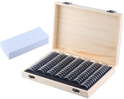 Muntendoos - Houten Munten Opbergdoos - 100 Transparante Capsules & Aanpasbare Inzetstukken - Voor Verzamelmunten & Herdenkingsmunten - 6 Maten & Beschermend - Inclusief Display