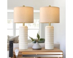 MUPOO 2x Hoge Tafellamp - met Stoffen Kap & Keramiek Voet - Ø30 x 57 cm - met Afstandsbediening - 3000K-6500K - moderne Bedlampjes voor Slaapkamer en Woonkamer - nachtkastlampen voor Bijzettafeltjes, Hal