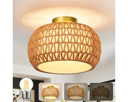 MUPOO Bamboe Plafondlamp - Ø 31 cm - Plafondlampe in Wonen - Rotan Plafonnière met stoffen kap - met één LED-lamp - Warm wit - voor Hal - Slaapkamer - Entree - Woonkamer