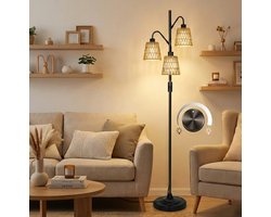 MUPOO Bohemian Rotan Vloerlamp 3-Lichts met Zwart Metaal - Landelijk Staande Lamp Energiezuinig & Dimbaar - Inclusief LED Lampen - 175cm Hoog - staande lampen voor woonkamer & Slaapkamer