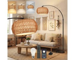 MUPOO Boho Booglamp met Rotan Kap -vloerlamp met 360° draaibare arm & Marmeren voet- Hoogte Verstelbaar Staande Lamp met 3-in-1 Design & Traploos Dimbaar - Sfeerverlichting Woonkamer & Kantoor