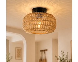 MUPOO Boho Rotan Plafondlamp Ø28 cm–Landelijk Plafonnière met E27 LED Filamentlamp – plafondverlichting Voor Slaapkamer, Woonkamer, Hal en Entree