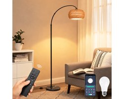 MUPOO Boho Rotan Vloerlamp 183cm-Staande Lamp Dimbaar met APP Afstandsbediening -booglamp met 360° Draaibare Arm & Hoogte Verstelbaar en Voetschakelaar -Sfeerverlichting leeslamp staand voor Woonkamer Slaapkamer Kantoor