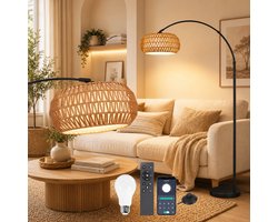 MUPOO Boho Rotan vloerlamp Booglamp 185cm-Staande Lamp Dimbaar met APP Afstandsbediening -booglamp met 360° Draaibare Arm & Hoogte Verstelbaar en Voetschakelaar -Sfeerverlichting leeslamp staand voor Woonkamer Slaapkamer Kantoor