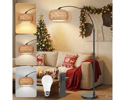 MUPOO Boho vloerlamp Booglamp met Rotan Kap met 360° draaibare arm & Marmeren voet- Hoogte Verstelbaar Staande Lamp met 3-in-1 Design & Traploos Dimbaar - Sfeerverlichting Woonkamer & Kantoor