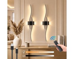 MUPOO Draadloze Wandlamp Binnen Zwart (2 Stuks)-Draadloze & Dimbare LED Wandlamp met Afstandsbediening-Timer & Geheugenfunctie -Nachtlichtmodus &Dimbaar-verlichting voor Trap&Badkamer,Woonkamer & Slaapkamer