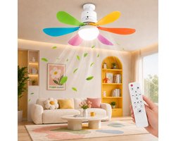 MUPOO E27 Plafondventilator met Lamp Ø52 cm - Ventilatorlamp met Afstandsbediening - 3 Kleurtemperaturen - 3 Snelheden - Timer en Geheugenfunctie - Stil DC Motor -Voor Slaapkamer Kinderkamer- kleurrijk