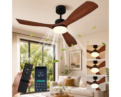 MUPOO Grote Houtlook Plafondventilator met Verlichting 132cm - Stille Ventilator Lamp - LED Dimbaar met App Bediening - Zomer en Winterstand - plafondventilator slaapkamer voor keuken/Woonkamer