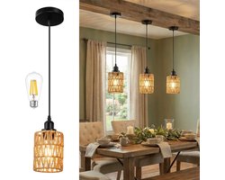 MUPOO Hanglamp Boho 1-Licht - Ronde Rotan Verlichting - In hoogte verstelbaar - Farmhouse Kroonluchter - voor Eetkamer, Keuken & Woonkamer - met 1x E27 LED-lampe