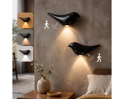 MUPOO Hoogglans zwart Wandlamp Binnen Oplaadbaar Vogel Met Bewegingssensor & Magneet - Draadloze LED Muurlamp Zonder Boren - Plug & Play-3 Lichtkleuren-Voor Slaapkamer, Woonkamer en Gang-2 stuks