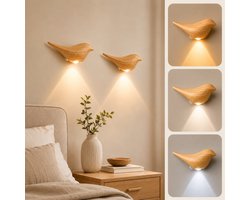 MUPOO Houtlook Wandlamp Binnen Oplaadbaar Vogel Met Bewegingssensor & Magneet - Draadloze LED Muurlamp Zonder Boren - Plug & Play-3 Lichtkleuren-Voor Slaapkamer, Woonkamer en Gang-4 stuks