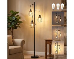 MUPOO Industrieel Vloerlamp Zwart met 3-Lichts - Staande Lamp met 3 Metalen Kappen & Henneptouw - Hoeklamp Woonkamer & Slaapkamer