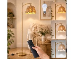 MUPOO landelijke stijl Vloerlamp met Raffia Lampenkap -Handgeweven Staande Lamp Woonkamer Dimbaar met Afstandsbediening - E27 LED Lamp Inbegrepen &Timer- 4 Kleurtemperaturen &Stabiele Voet- leeslamp staand voor Slaapkamer Woonkamer Kantoor