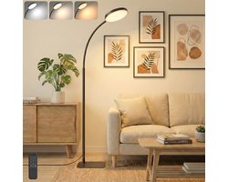 MUPOO LED Vloerlamp Dimbaar met hoogte verstelbaar- Afstandsbediening-Staande leeslamp Zwart met Flexibele Arm -3 Kleuren & Timer -Wimper lamp voor Schoonheidssalon Studeerkamer Woonkamer(USB)