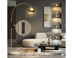 MUPOO Luxe Sfeer Booglamp Goud Metal met 6kg Zware Marmeren Voet - Modern Vloerlamp Dimbaar met Afstandsbediening - Staande Lamp met Kantelbare & Draaibare Kap-Geheugenfunctie - werkmodus - nachtlichtmodus-Voor Woonkamer/Eetkamer/Kantoor
