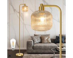 MUPOO Modern Vloerlamp met Groen Geribd Glas Kap- Staande lampen Woonkamer - Zware metalen Onderstel & Voetschakelaar- Sfeerverlichting voor Slaapkamer/Studeerkamer/Keuken