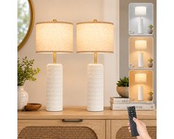 MUPOO ModernTafellampen Keramiek met Linnen Lampenkap - Dimbare Bedlamp met Afstandsbediening- 3 Lichtkleuren & 9W LED - Timer Geheugenfunctie - leeslamp Voor Slaapkamer, Woonkamer en Nachtkastje - Wit-2 stuks