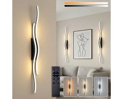 MUPOO Oplaadbare Wandlamp Binnen Zwart – Draadloze Wavy Line LED Wandlamp – 3000K-6500K Instelbaar & Dimbaar – Touch + Afstandsbediening – USB-C – Moderne Design Muurlamp voor Woonkamer Slaapkamer Hal