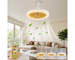 MUPOO Plafond ventilator met LED verlichting E27 Fitting met 360° Draaibaar - APP & Afstandsbediening -Eenvoudige Installatie -Snel te Installeren - 3 Snelheden & Dimbaar - Mini lamp ventilator plafond Voor Slaapkamer & Keuken -Geel