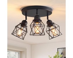 MUPOO Plafondlamp Industriële 3-Lichts - Plafonnière Zwart met 360° Verstelbare Draaibare Lampkoppen - Retro Metalen Kooi - 3x E27 Fitting - Exclusief Lichtbronnen -plafondverlichting voor Slaapkamer Woonkamer, Keuken, Hal en Eetkamer