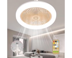 MUPOO Plafondventilator met verlichting - LED Dimbaar - 3 Lichtkleuren - Met Afstandsbediening - 3 Snelheden - Zomer/Winter functie - E27 Fitting - Mini Ø25 cm voor Garage Gereedschapsruimte Opslagkamer (Geel)