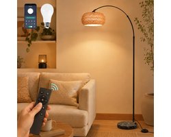 MUPOO Rotan booglampen staand vloerlamp 183cm- Staande Lamp Dimbaar met APP Afstandsbediening - leeslamp staand met 360° Draaibare Arm & Hoogte Verstelbaar-Sfeerverlichting voor Woonkamer Slaapkamer Leeshoek